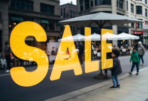 large yellow sale on window sign